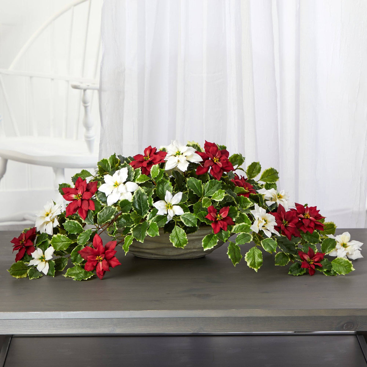 33” Poinsettia and Variegated Holly Artificial Plant in Planter (Real Touch)