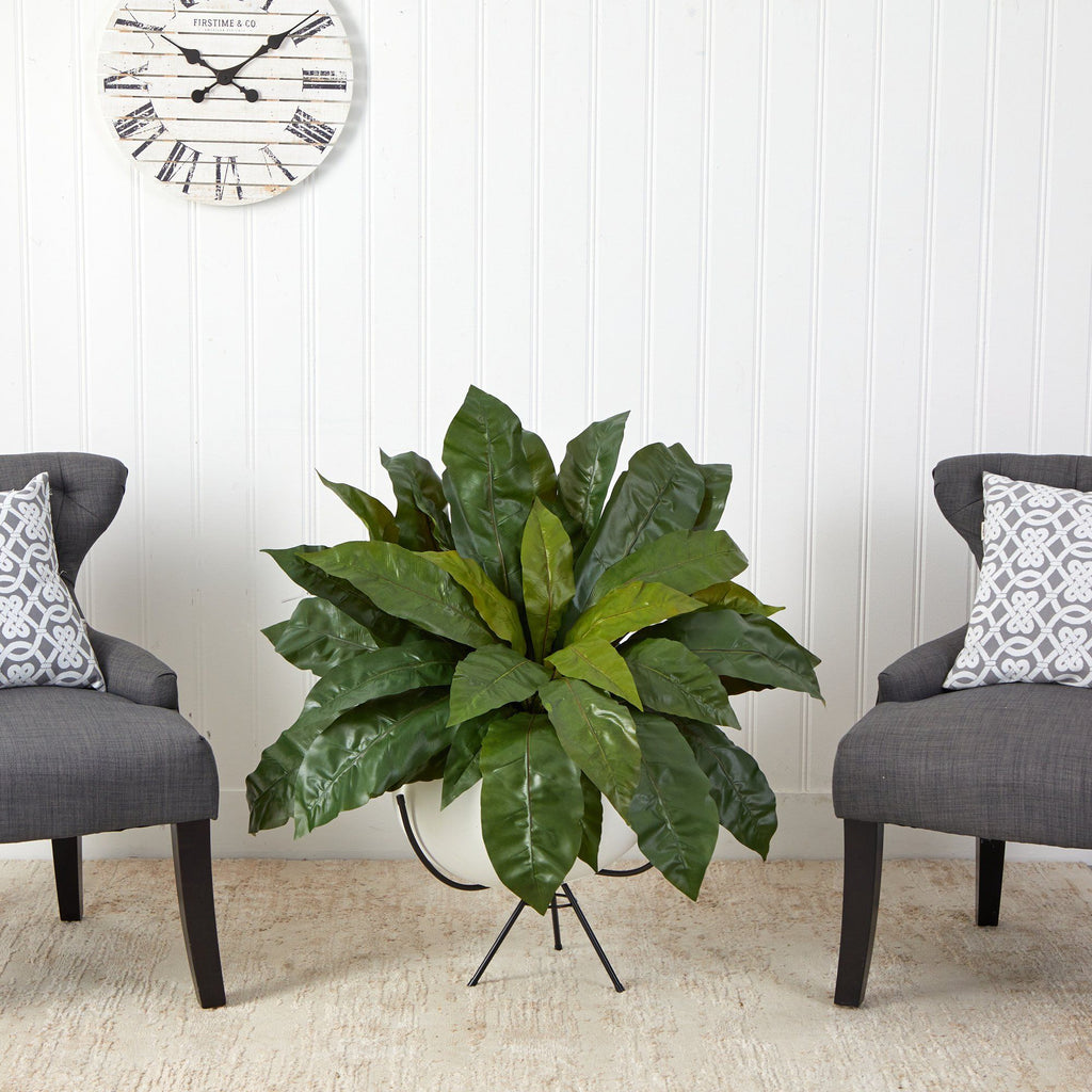 34” Bird’s Nest Fern Artificial Plant in White Planter with Metal Stand