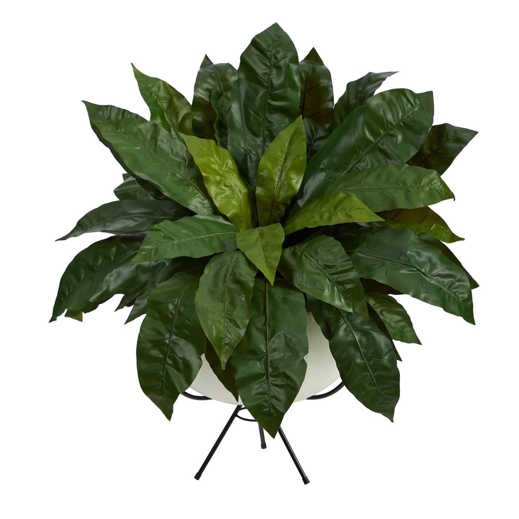 34” Bird’s Nest Fern Artificial Plant in White Planter with Metal Stand