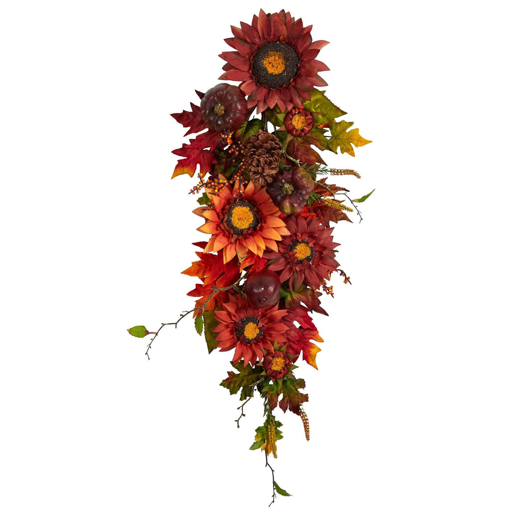 35” Autumn Sunflower, Pumpkin and Berries Artificial Teardrop