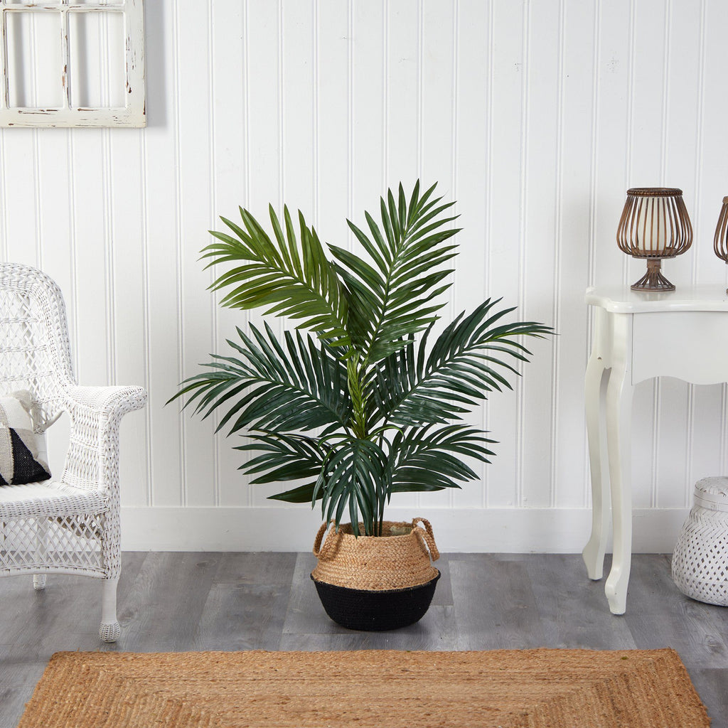 4' Kentia Palm Artificial Tree in Boho Chic Handmade Cotton & Jute Black Woven Planter