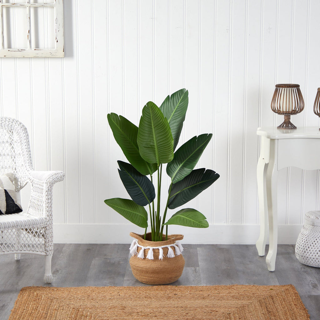4’ Traveler's Palm Artificial Tree in Boho Chic Handmade Natural Cotton Woven Planter with Tassels