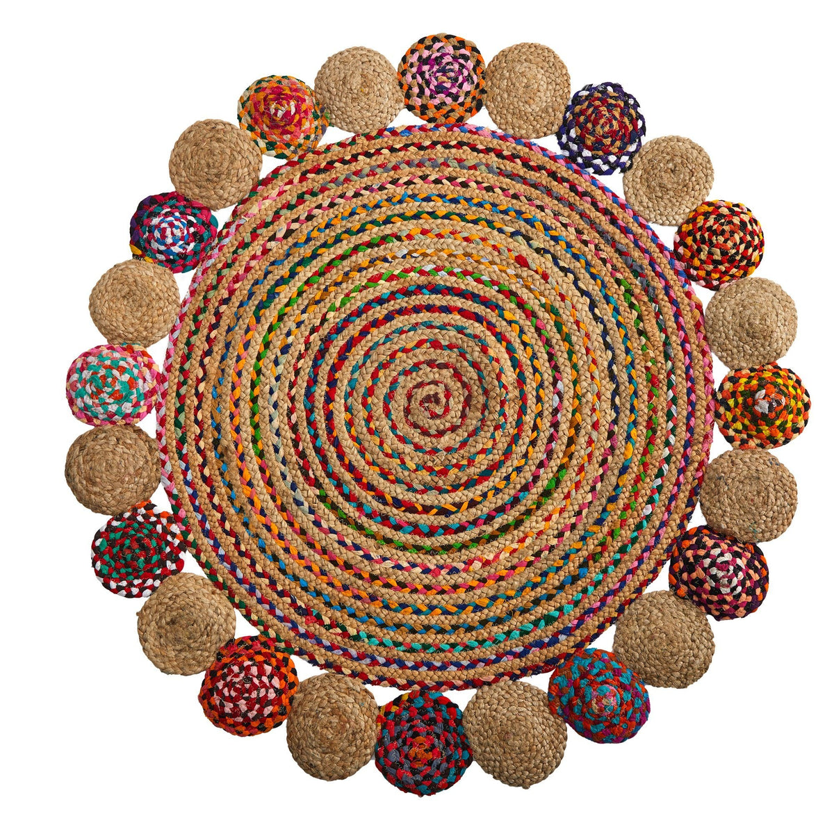 4’ x 4’ Hand Braided Colorful Chindi Jute Mandala Round Rug
