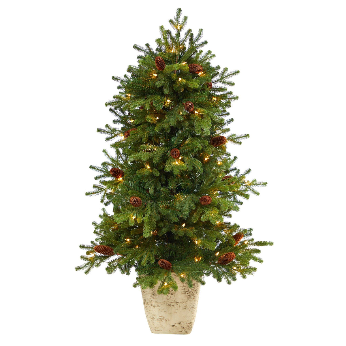 4’ Yukon Mountain Fir Artificial Christmas Tree with 100 Clear Lights, Pine Cones and 386 Bendable Branches in Country White Planter