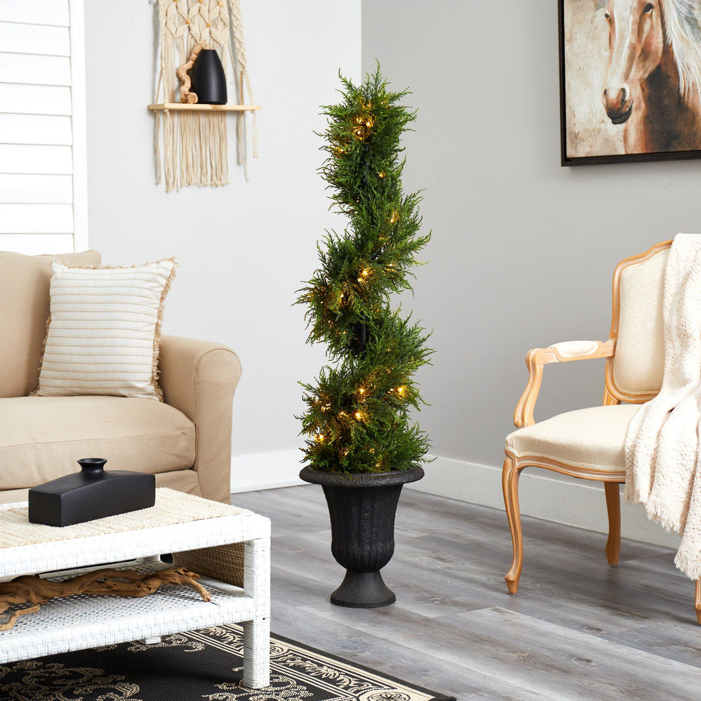 4.5’ Spiral Cypress Artificial Tree in Charcoal Urn with 80 Clear LED Lights UV Resistant (Indoor/Outdoor)
