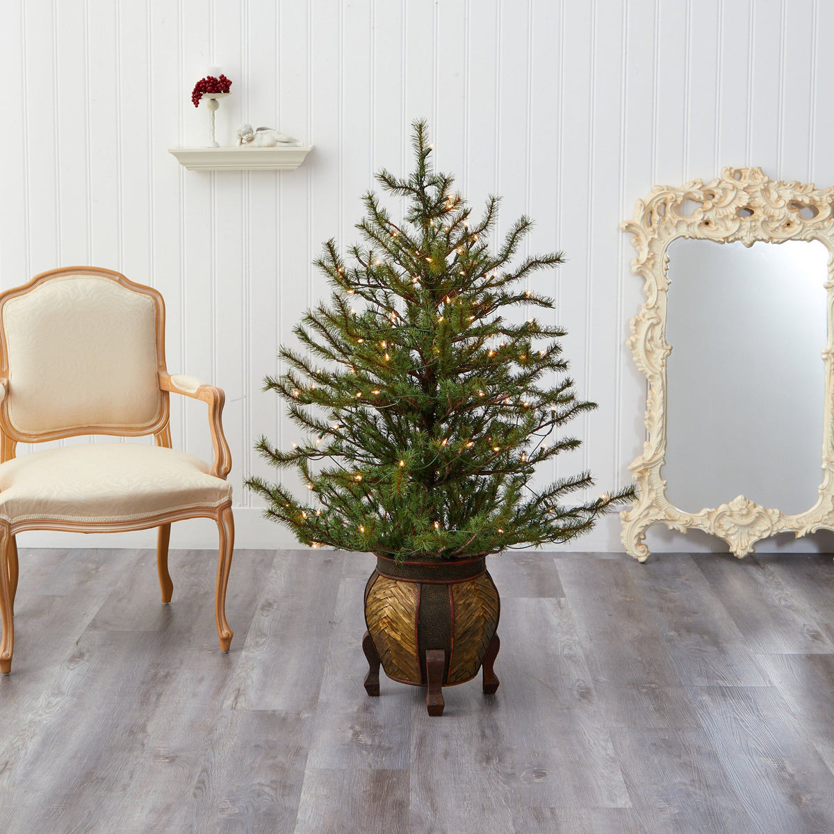 4.5’ Vancouver Mountain Pine Artificial Christmas Tree with 100 Clear Lights and 374 Bendable Branches in Decorative Planter