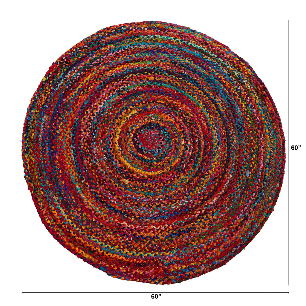 5’ x 5’ Hand Braided Boho Colorful Chindi Round Rug