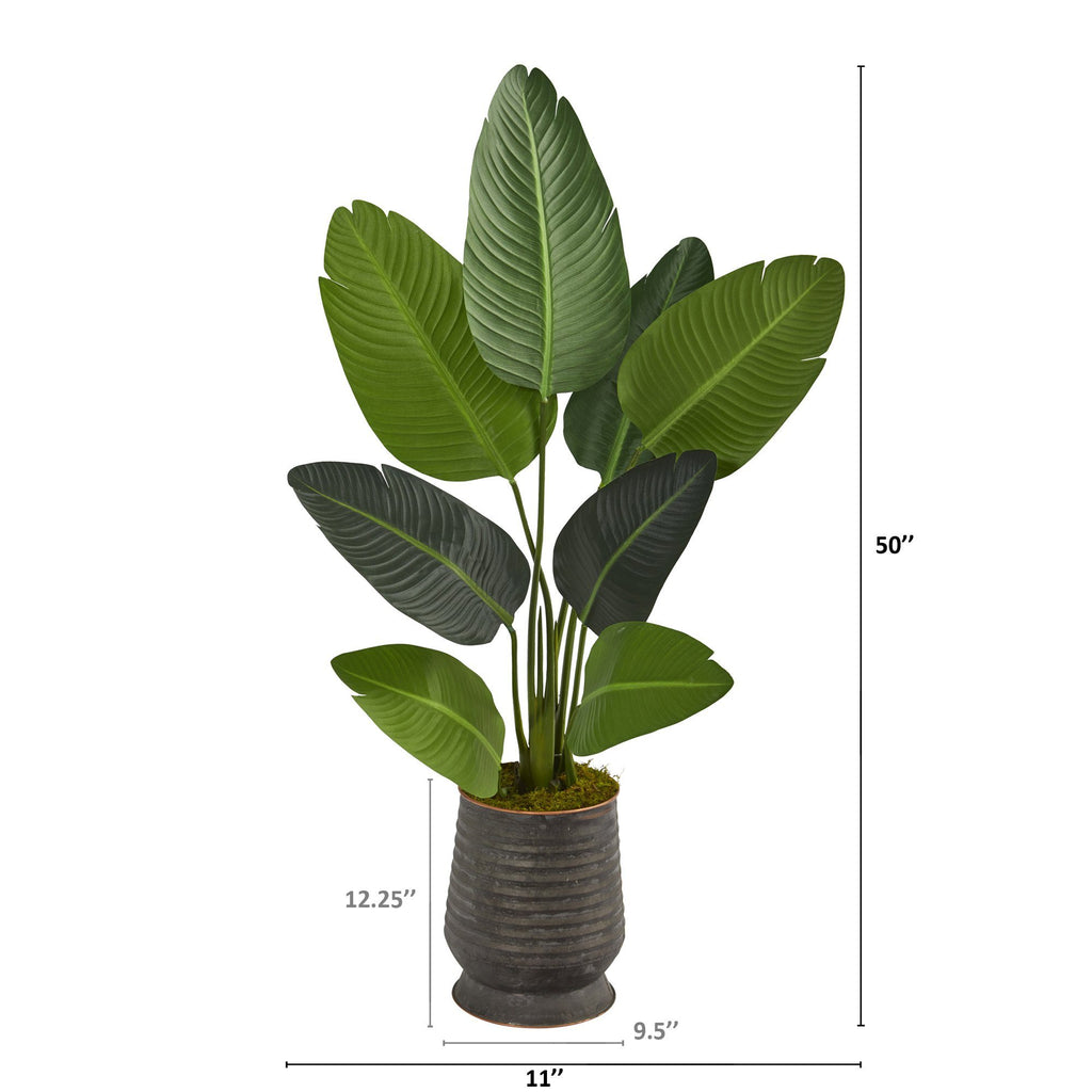 50” Traveler's Palm Artificial Tree in Ribbed Metal Planter