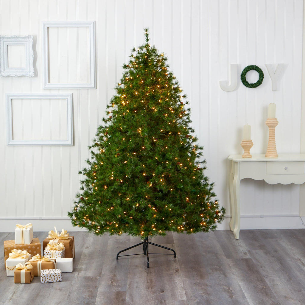 7’ Colorado Mountain Pine Artificial Christmas Tree with 450 Clear Lights, 1453 Bendable Branches and Pine Cones