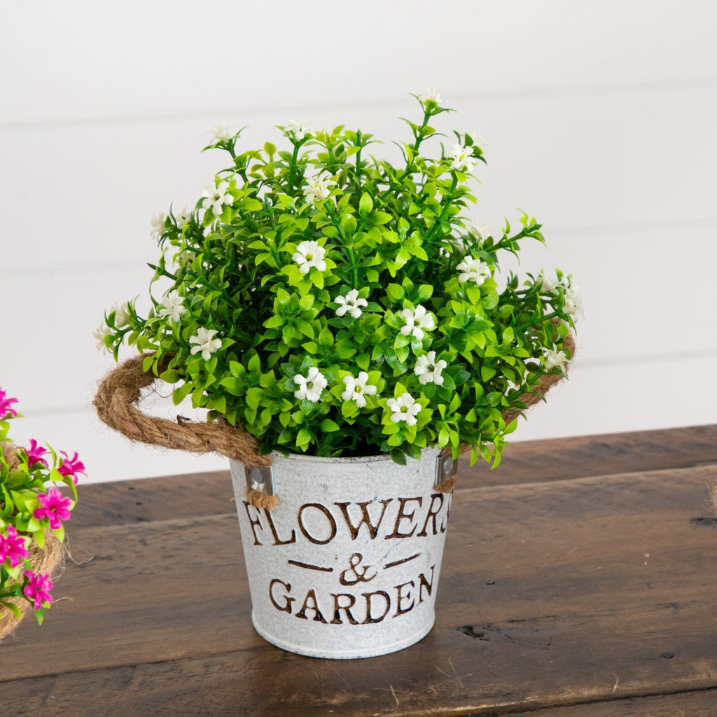 8” Artificial Flowering Mini Daisy Plant in Rustic Flowers & Garden Planter -Set of 3