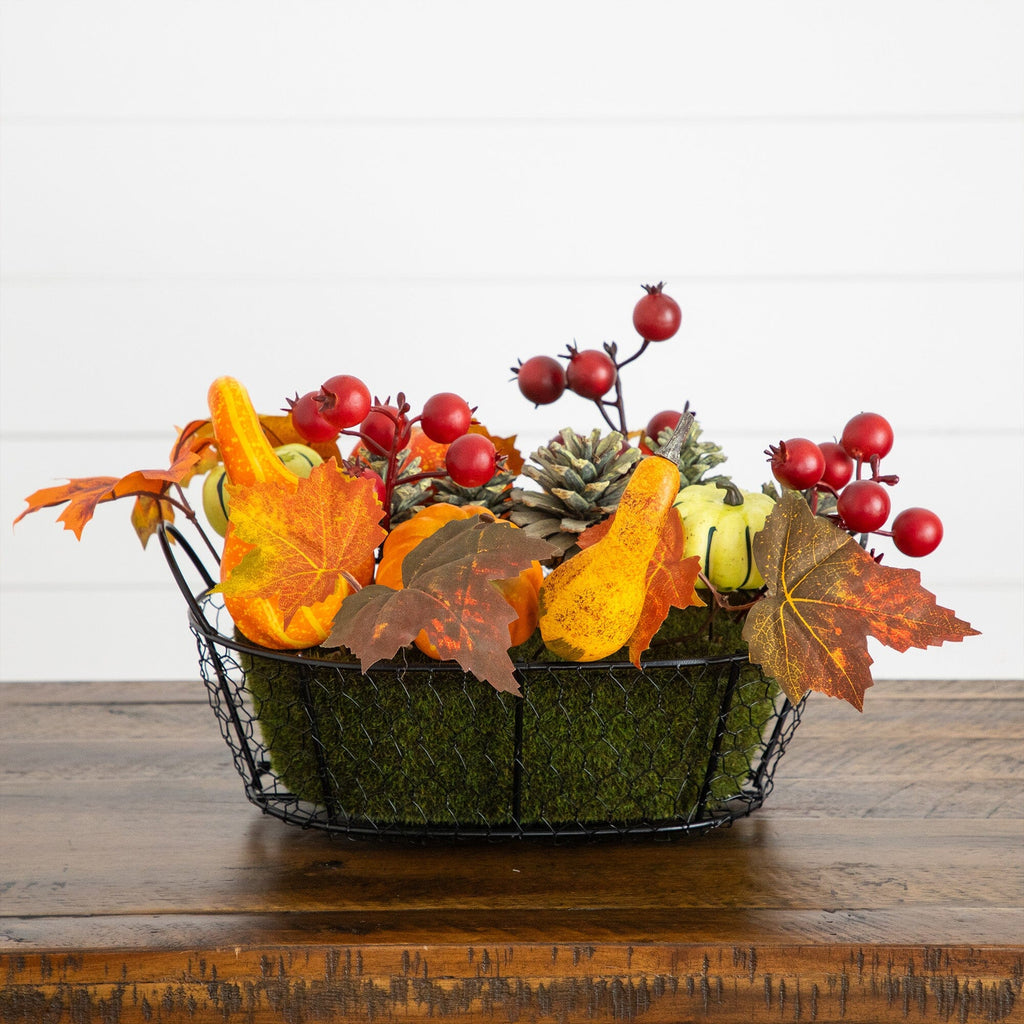 9" Autumn Artificial Pumpkin, Gourd, Berry and Maple Fall Arrangement
