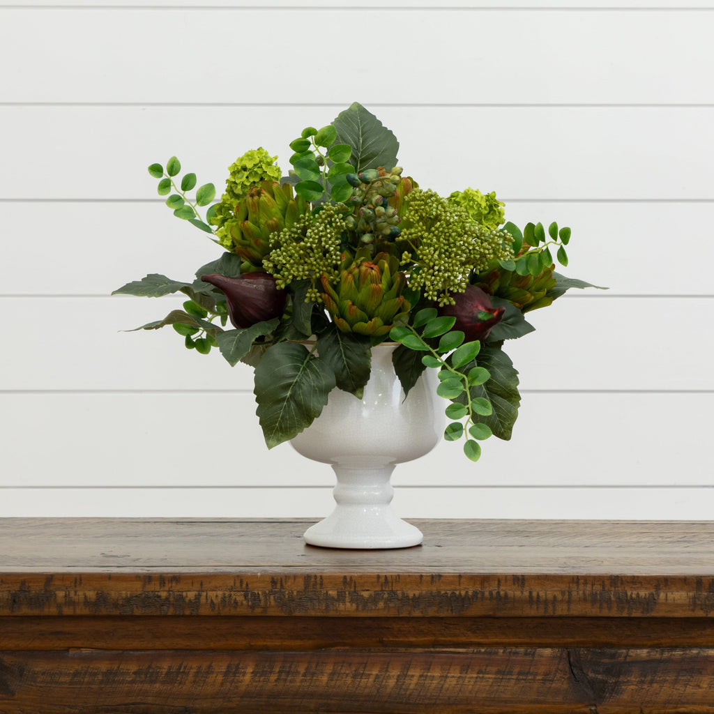 15" Artificial Artichoke and Hydrangea Arrangement