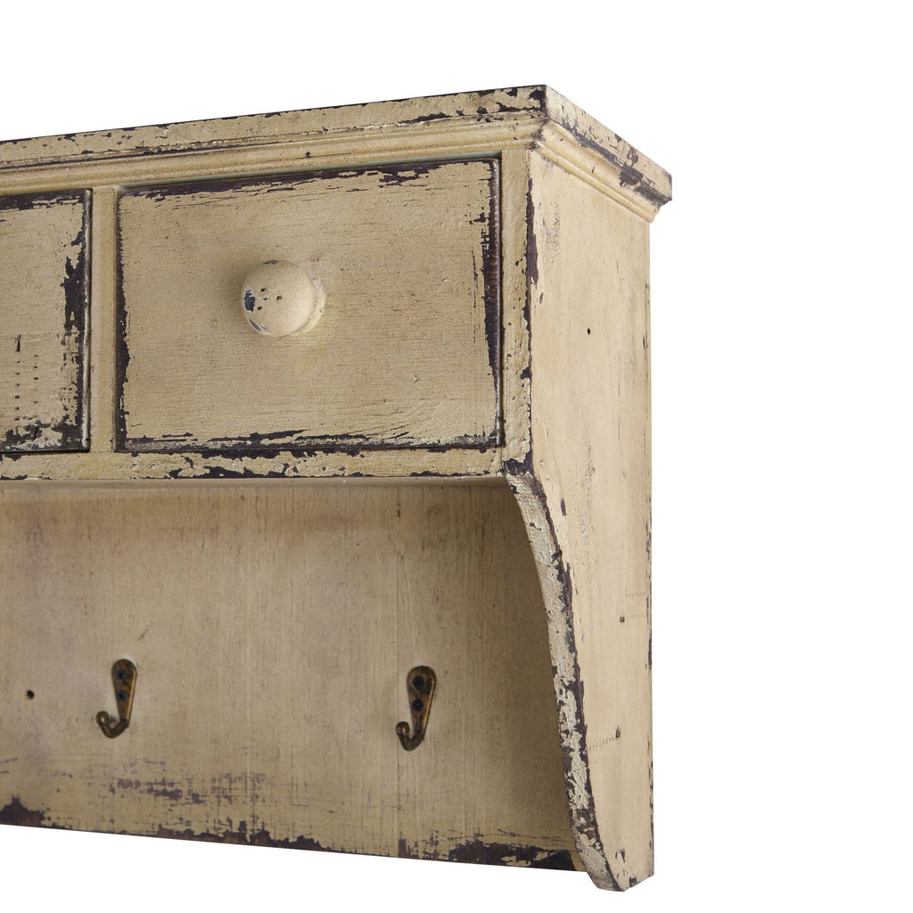 Distressed Wooden Shelf with Drawers and Hooks