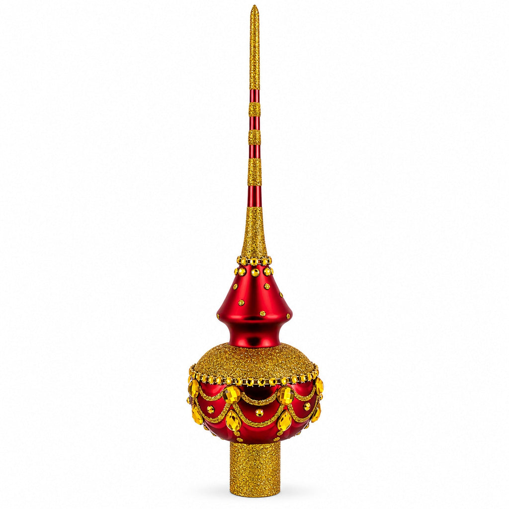 Dimensional Golden Jewels on Red Glass Christmas Tree Topper 11 Inches