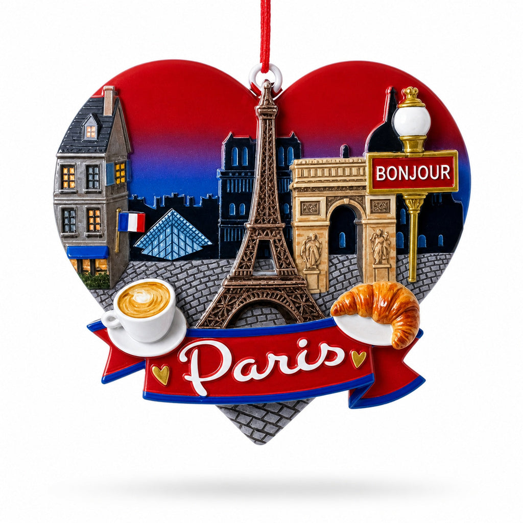 Paris France Travel Souvenir Eiffel Tower Heart Resin Christmas Ornament