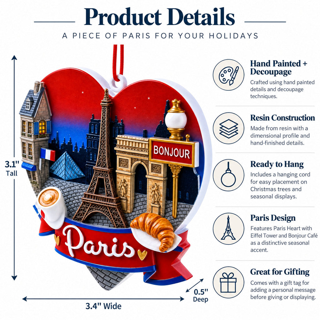 Paris France Travel Souvenir Eiffel Tower Heart Resin Christmas Ornament