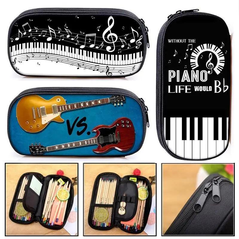 Elegant Music Note Piano Pen Case Holder Stylish Black/White Pencil Bag Guitar Pencil Case Unique Stationery Case For School