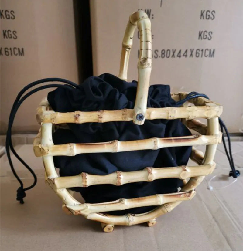 Handmade tassel bamboo knot bag water bucket bag semi-circular bamboo basket handbag for women