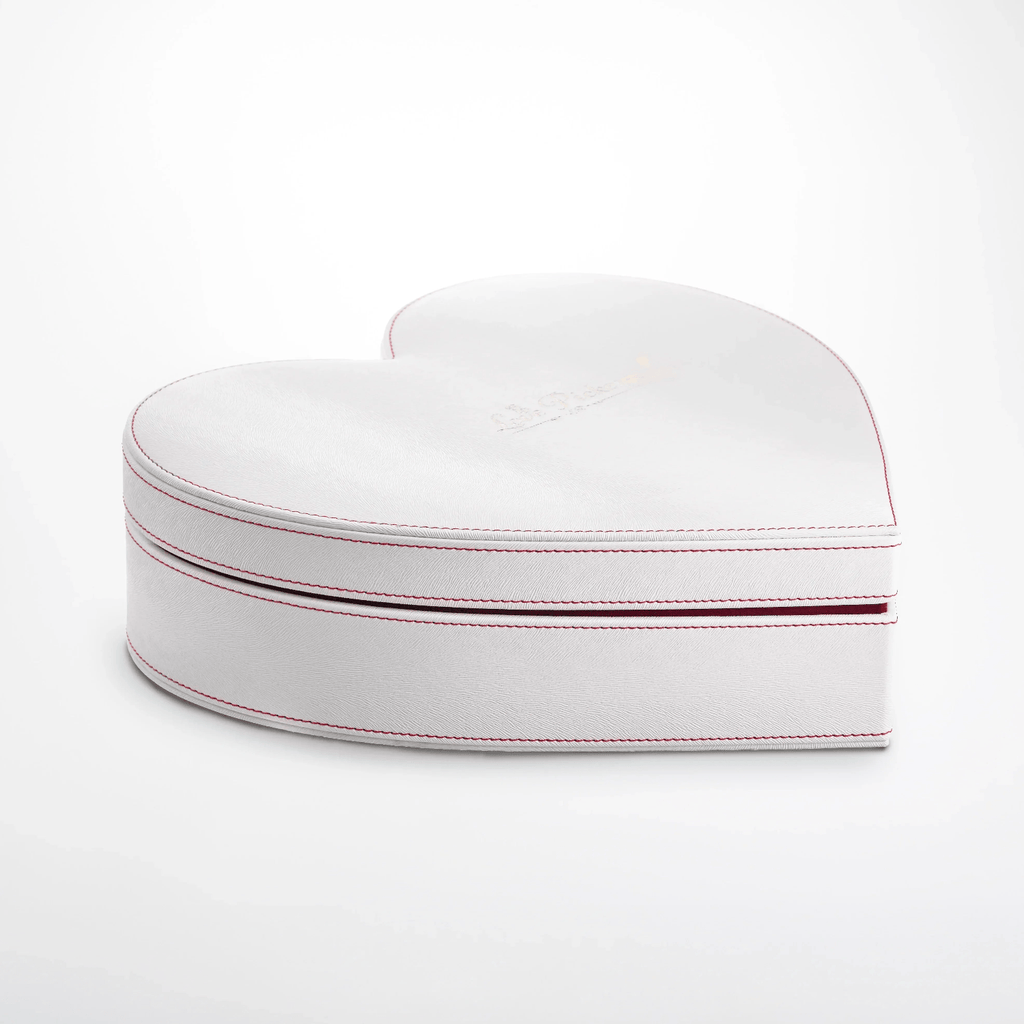 New Engraved 3 Gold Dipped Roses 7" - White Leather Crimson Red Velvet Heart-Shaped box