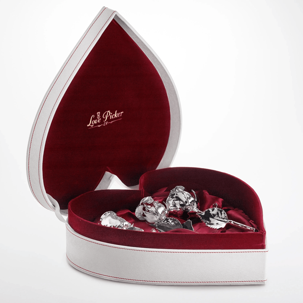 New Engraved 3 Gold Dipped Roses 7" - White Leather Crimson Red Velvet Heart-Shaped box