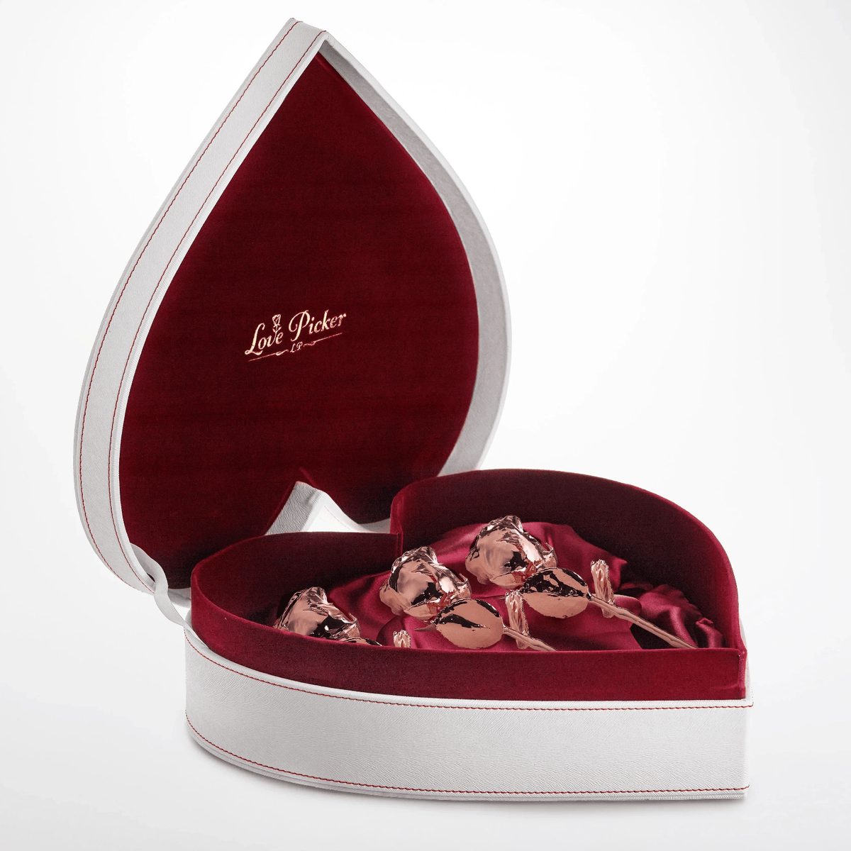New Engraved 3 Gold Dipped Roses 7" - White Leather Crimson Red Velvet Heart-Shaped box