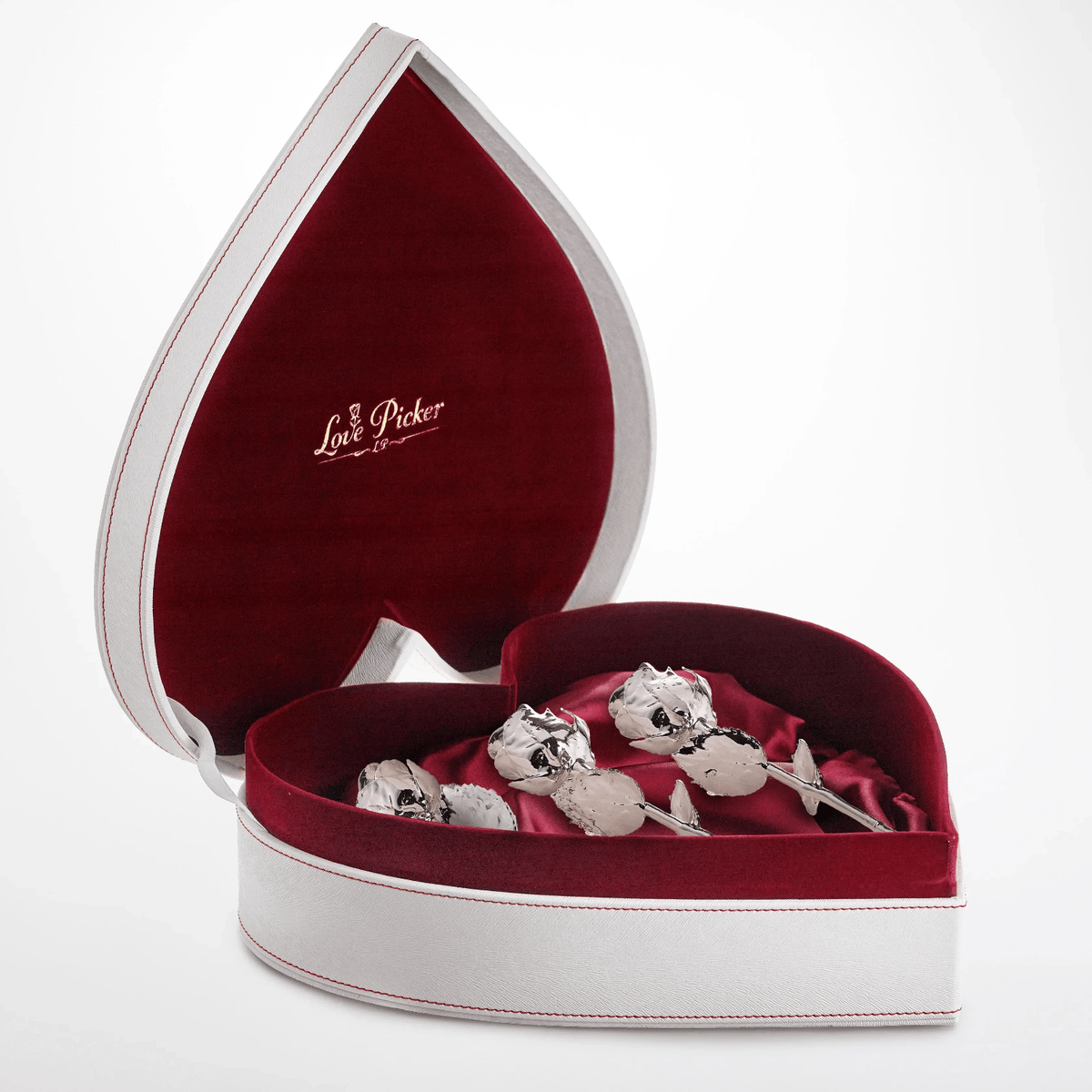 New Engraved 3 Gold Dipped Roses 7" - White Leather Crimson Red Velvet Heart-Shaped box