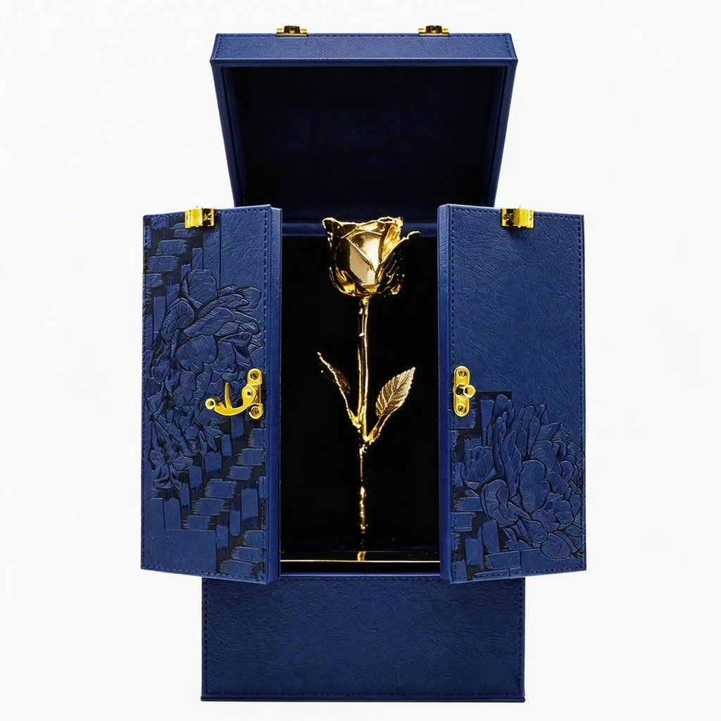 Da Vinci's Blue Floral Locking Display Box 24K Gold 11.5" Rose