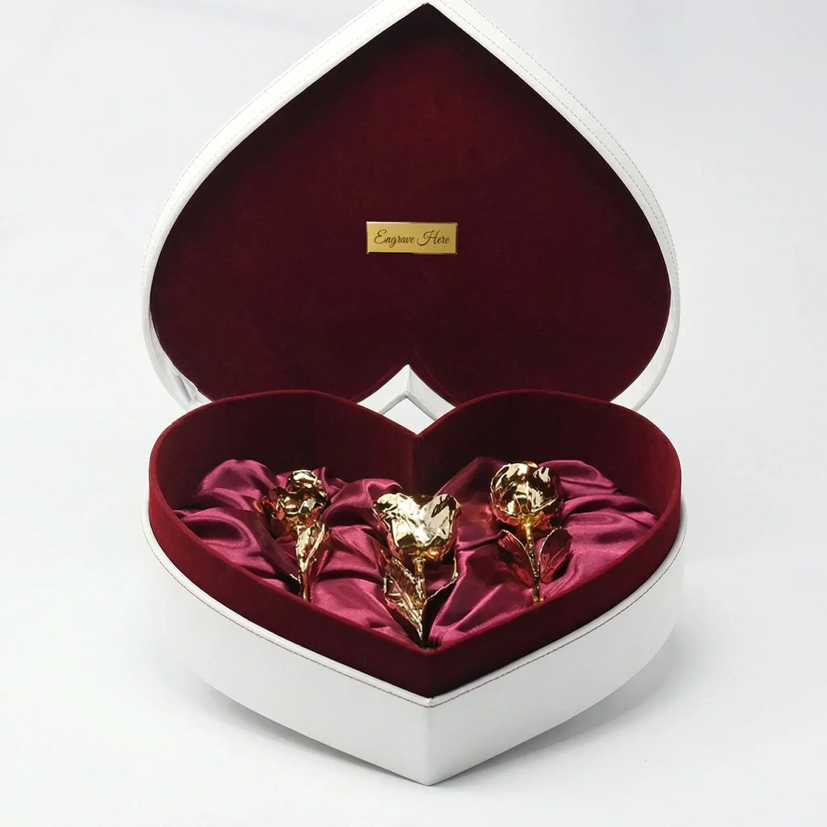 New Engraved 3 Gold Dipped Roses 7" - White Leather Crimson Red Velvet Heart-Shaped box