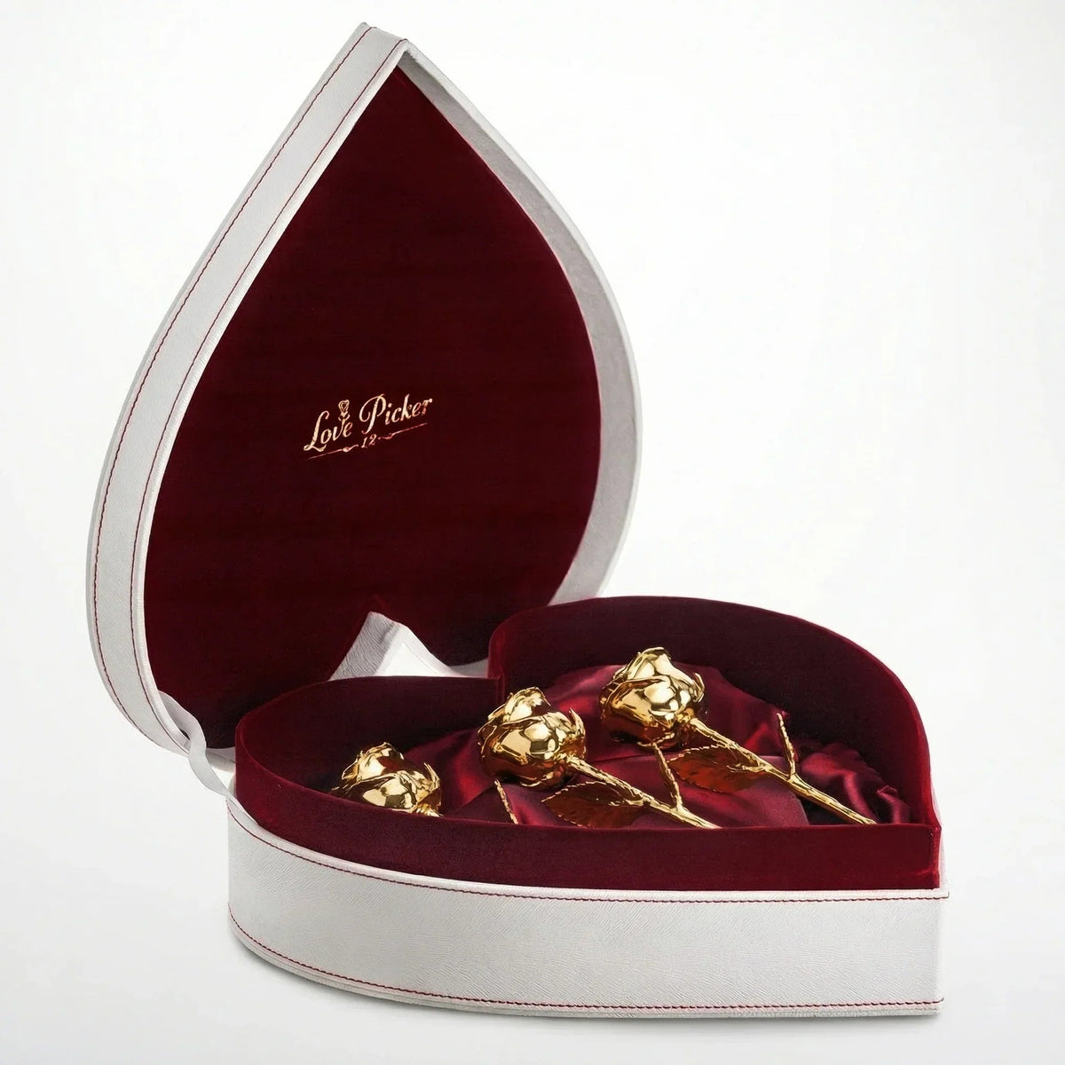 NEW - 3 Gold Dipped Roses 7" - Crimson Velvet Heart Shaped Leather Box