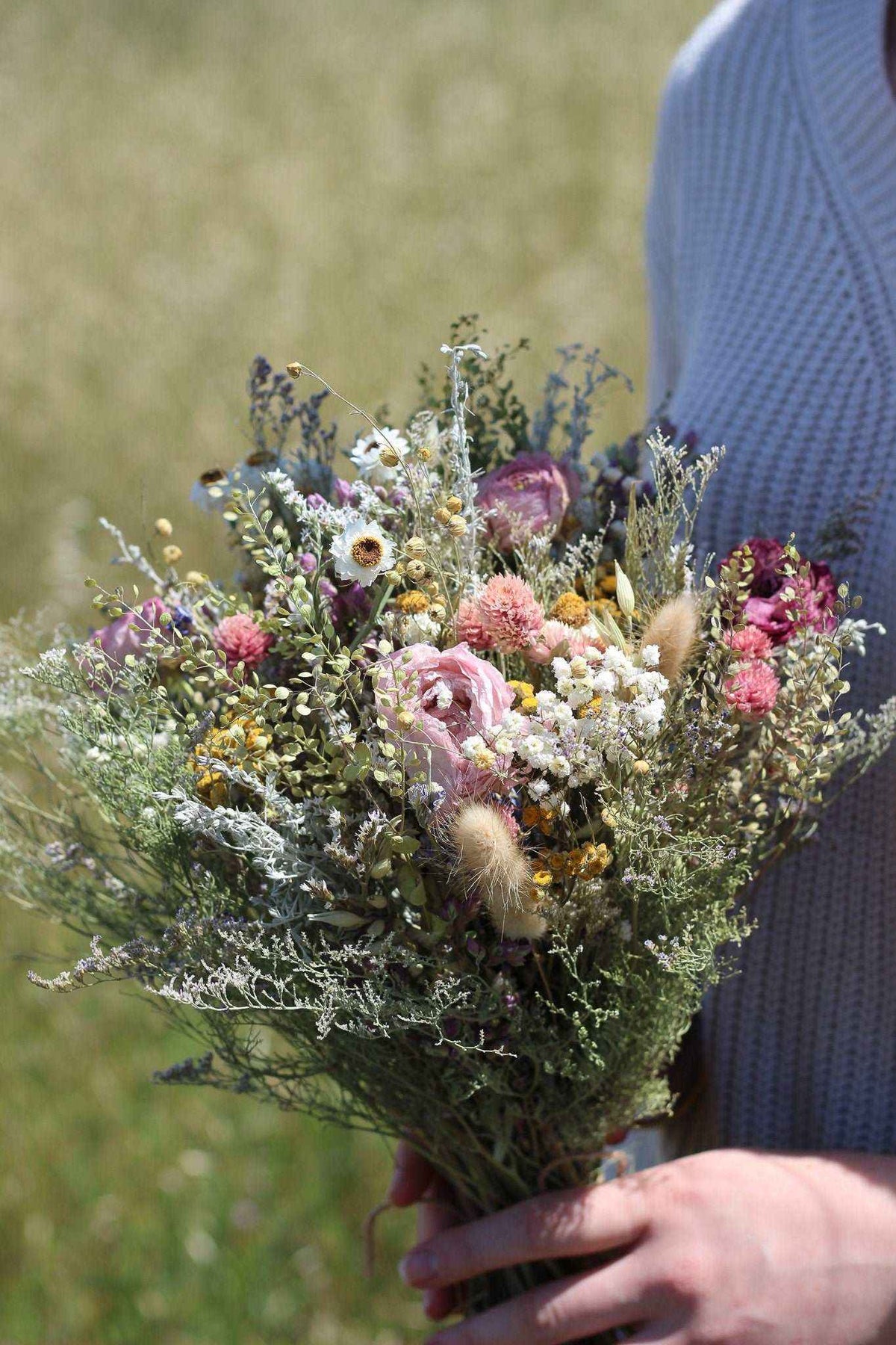Dried Flower Bouquet with Ranunculus, Yarrow, Daisies & Baby’s Breath