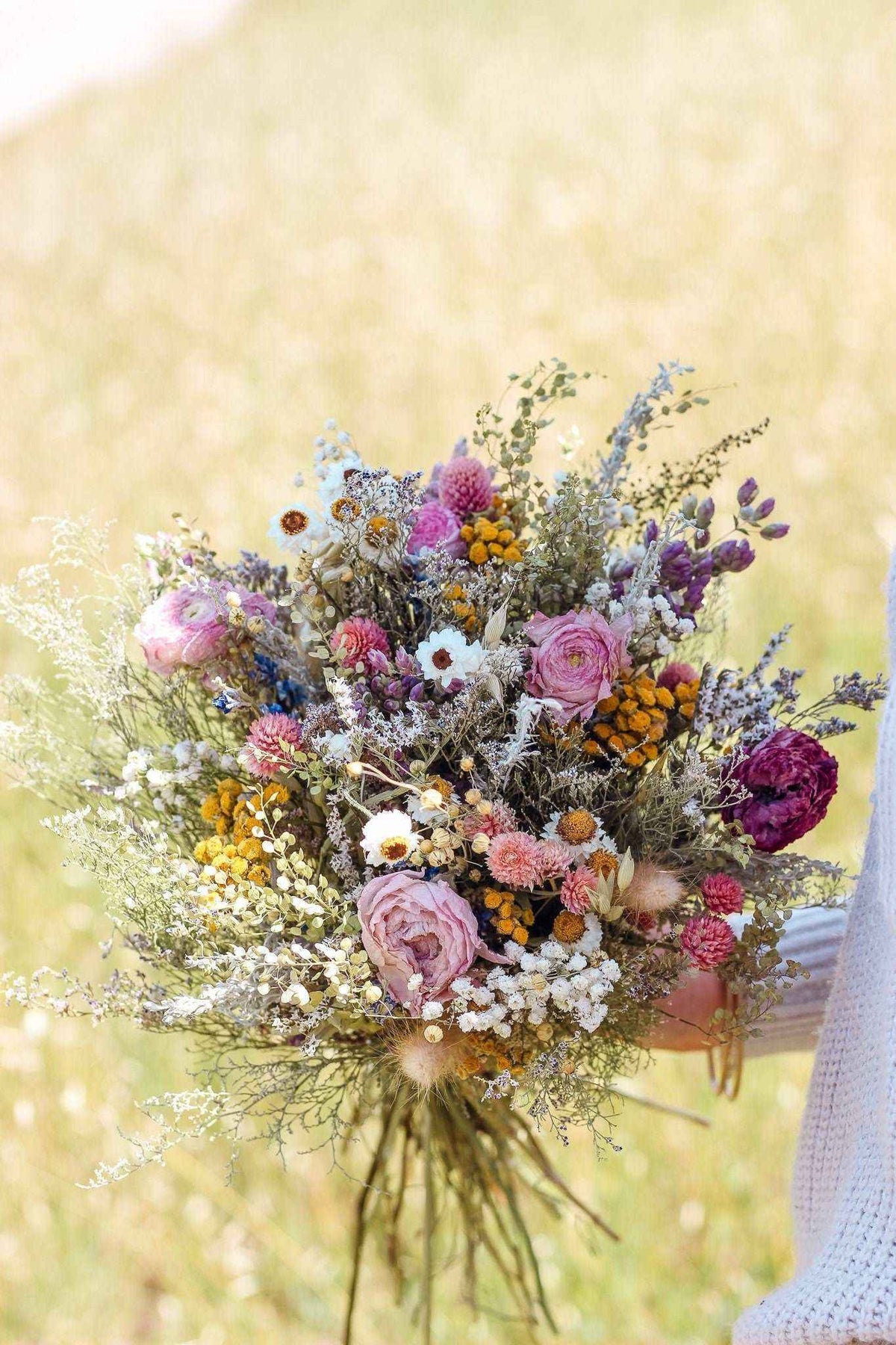 Dried Flower Bouquet with Ranunculus, Yarrow, Daisies & Baby’s Breath