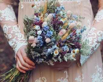 Blue Lavender Dried Bridal crown for Dry Flower Wedding, Rustic Boho Brides, Bridesmaid bouquet, Wildflowers Dried bouquet