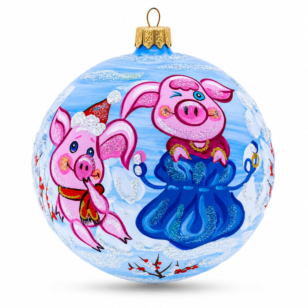Two Pigs with Gifts Glass Ball Christmas Ornament 4 Inches