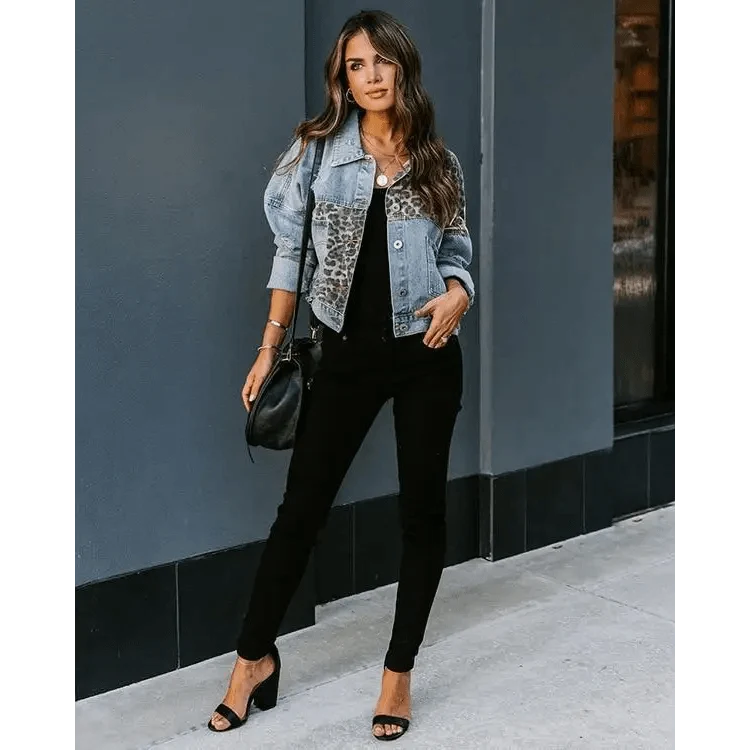 Lavish Style Winter Long-sleeved Jacket Denim Trendy Leopard Print Stitching Lapel Short Jacket For Women And Girls