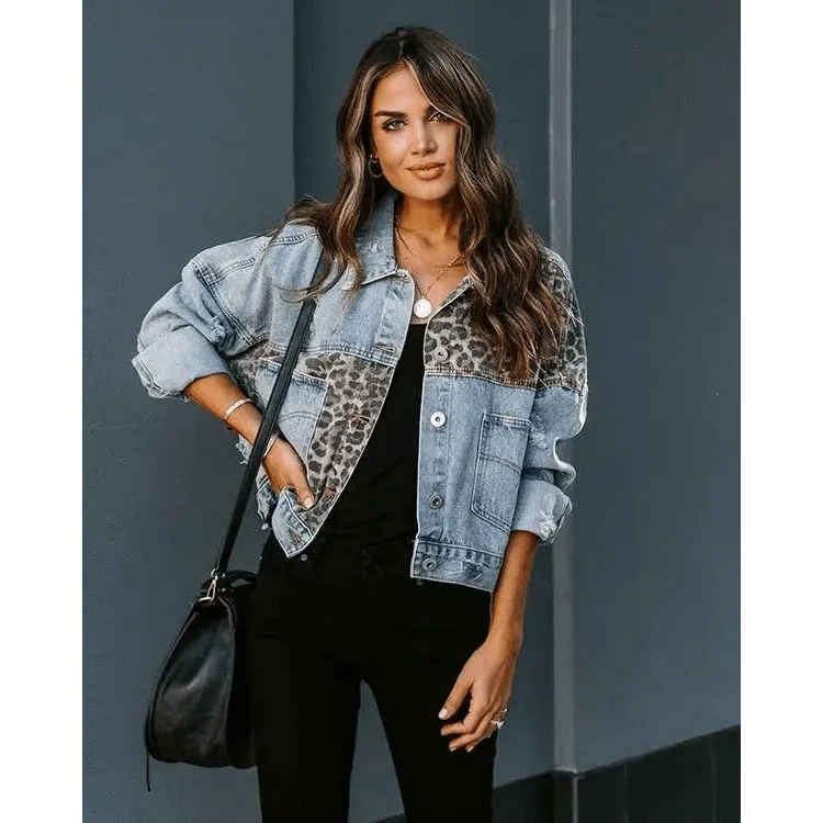Lavish Style Winter Long-sleeved Jacket Denim Trendy Leopard Print Stitching Lapel Short Jacket For Women And Girls