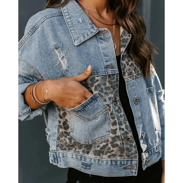Lavish Style Winter Long-sleeved Jacket Denim Trendy Leopard Print Stitching Lapel Short Jacket For Women And Girls