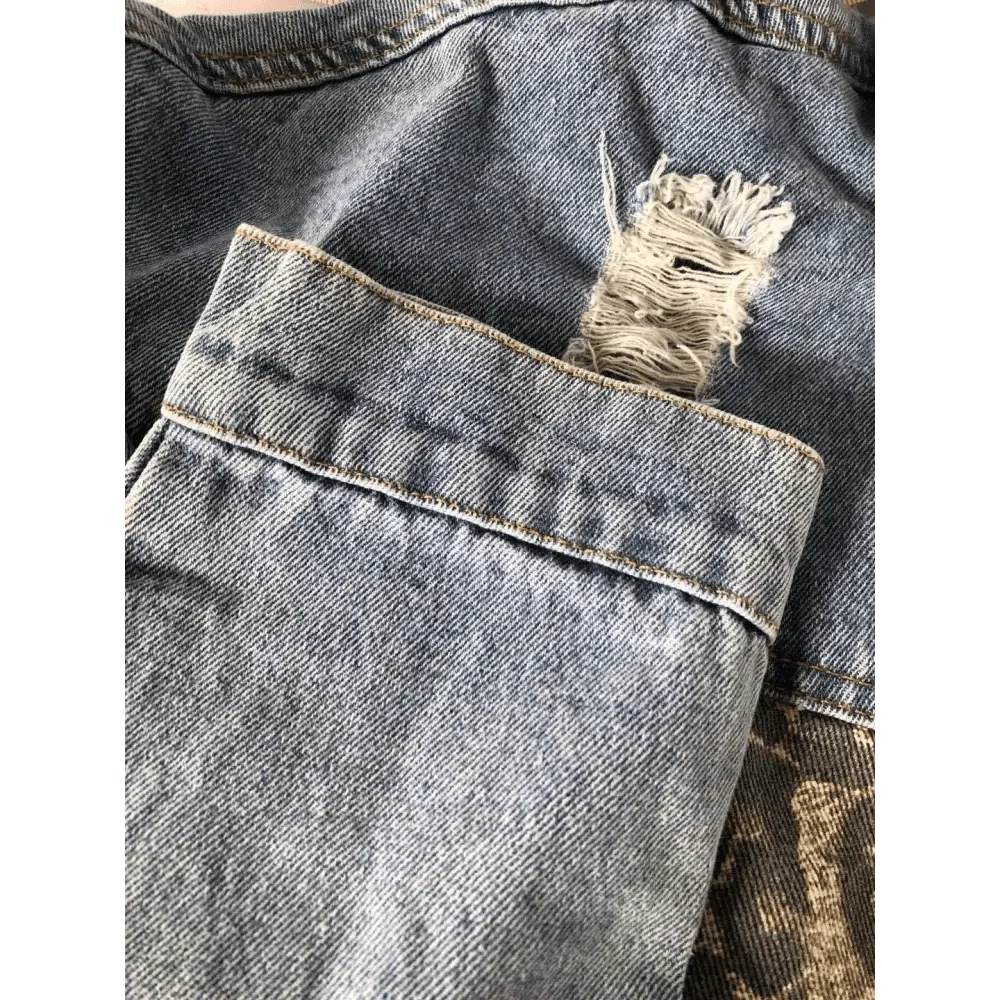 Lavish Style Winter Long-sleeved Jacket Denim Trendy Leopard Print Stitching Lapel Short Jacket For Women And Girls