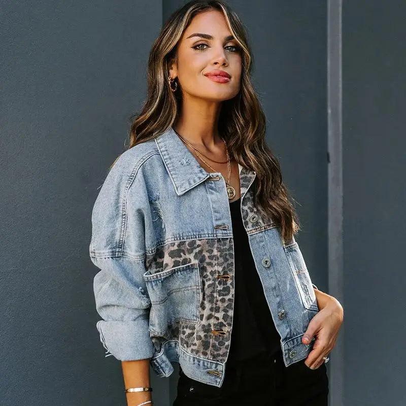 Lavish Style Winter Long-sleeved Jacket Denim Trendy Leopard Print Stitching Lapel Short Jacket For Women And Girls