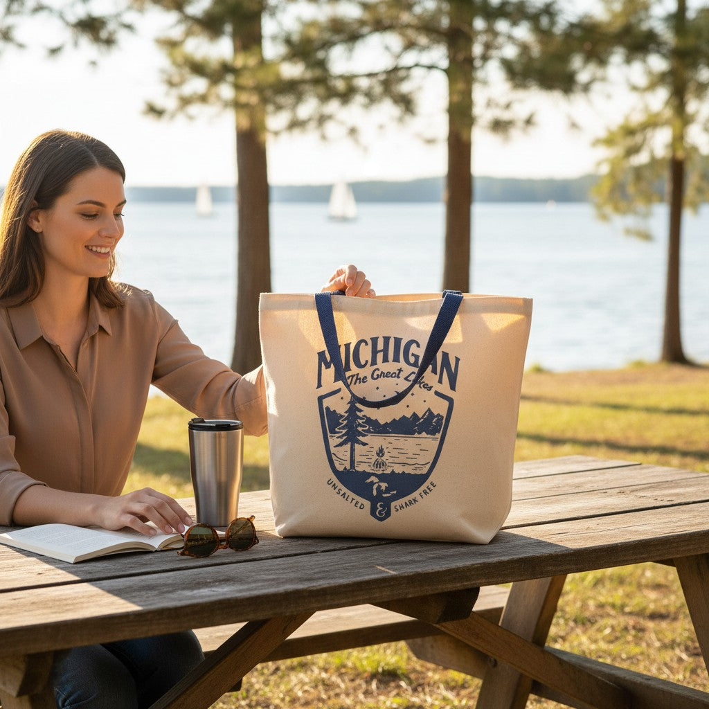 Tote Bag - Michigan Shield - Navy/Natural