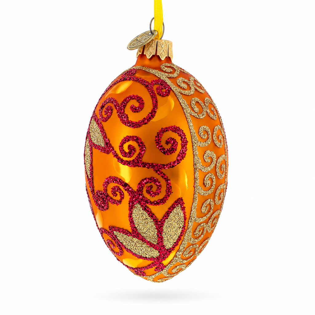 Autumn Leaves on Gold Glass Egg Christmas Ornament 4 Inches