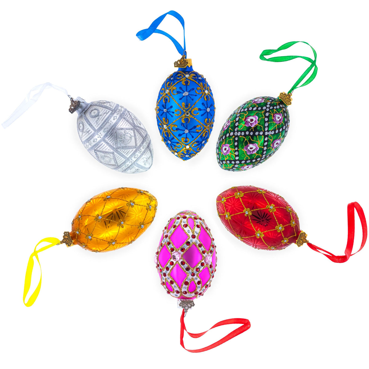 Yellow Trellis, Green Gems & Royal Blue Accents Glass Egg Ornament 4 Inches