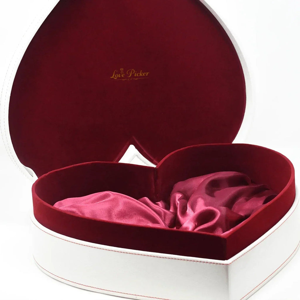 New Engraved 3 Gold Dipped Roses 7" - White Leather Crimson Red Velvet Heart-Shaped box