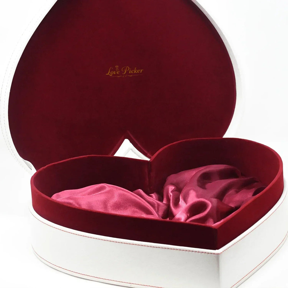 New Engraved 3 Gold Dipped Roses 7" - White Leather Crimson Red Velvet Heart-Shaped box