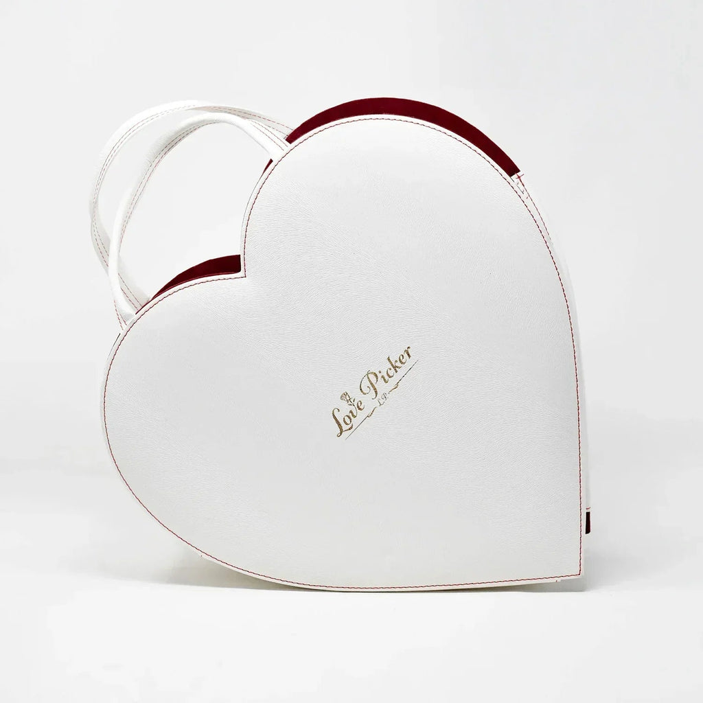 New Engraved 3 Gold Dipped Roses 7" - White Leather Crimson Red Velvet Heart-Shaped box