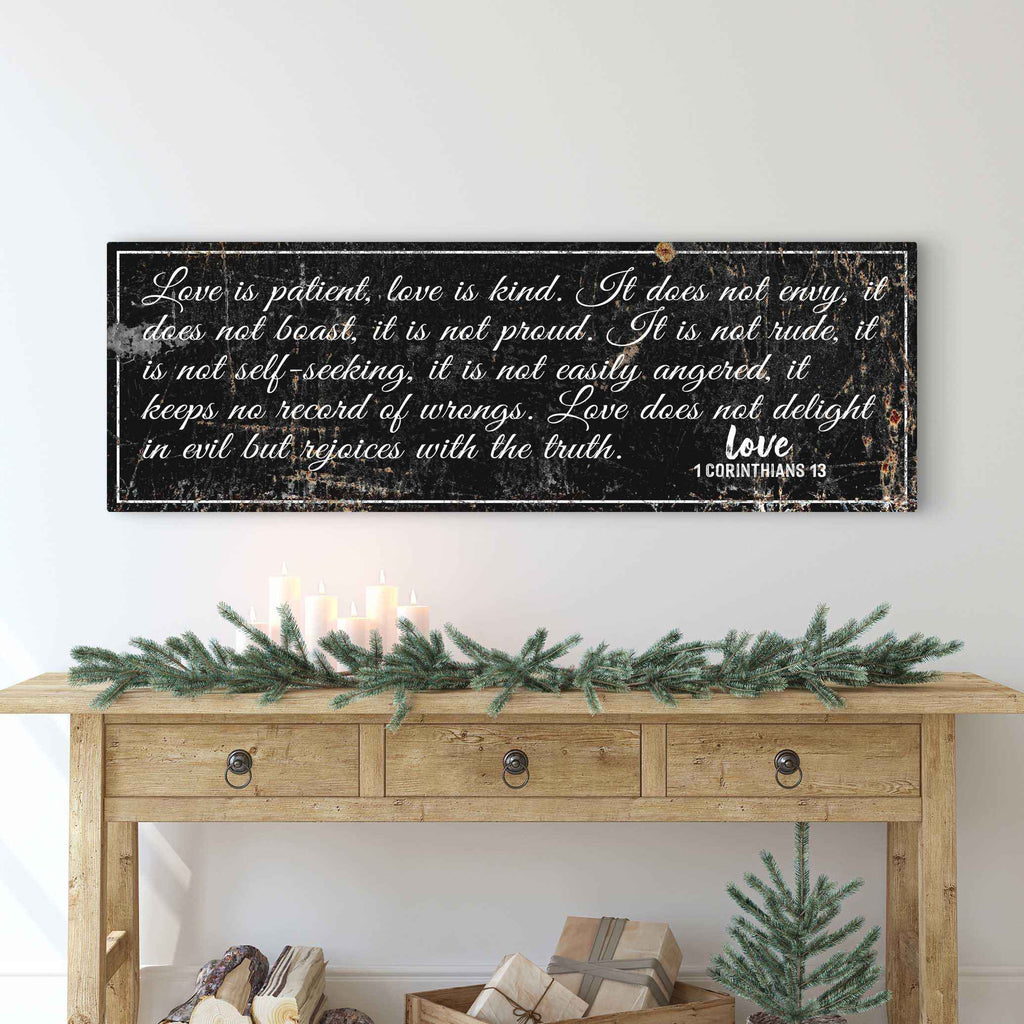 1 Corinthians 13: 'Love Is Patient' - Rustic Christian Wall Art, Religious Decor for Living Room