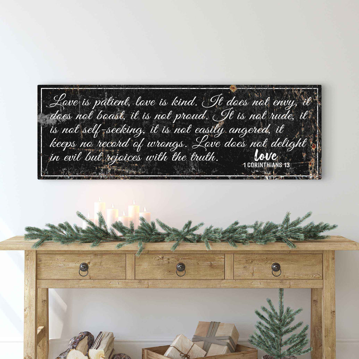 1 Corinthians 13: 'Love Is Patient' - Rustic Christian Wall Art, Religious Decor for Living Room