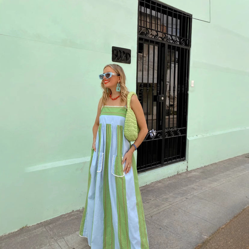 Off shoulder camisole striped printed fairy style long dress with a large swing for women