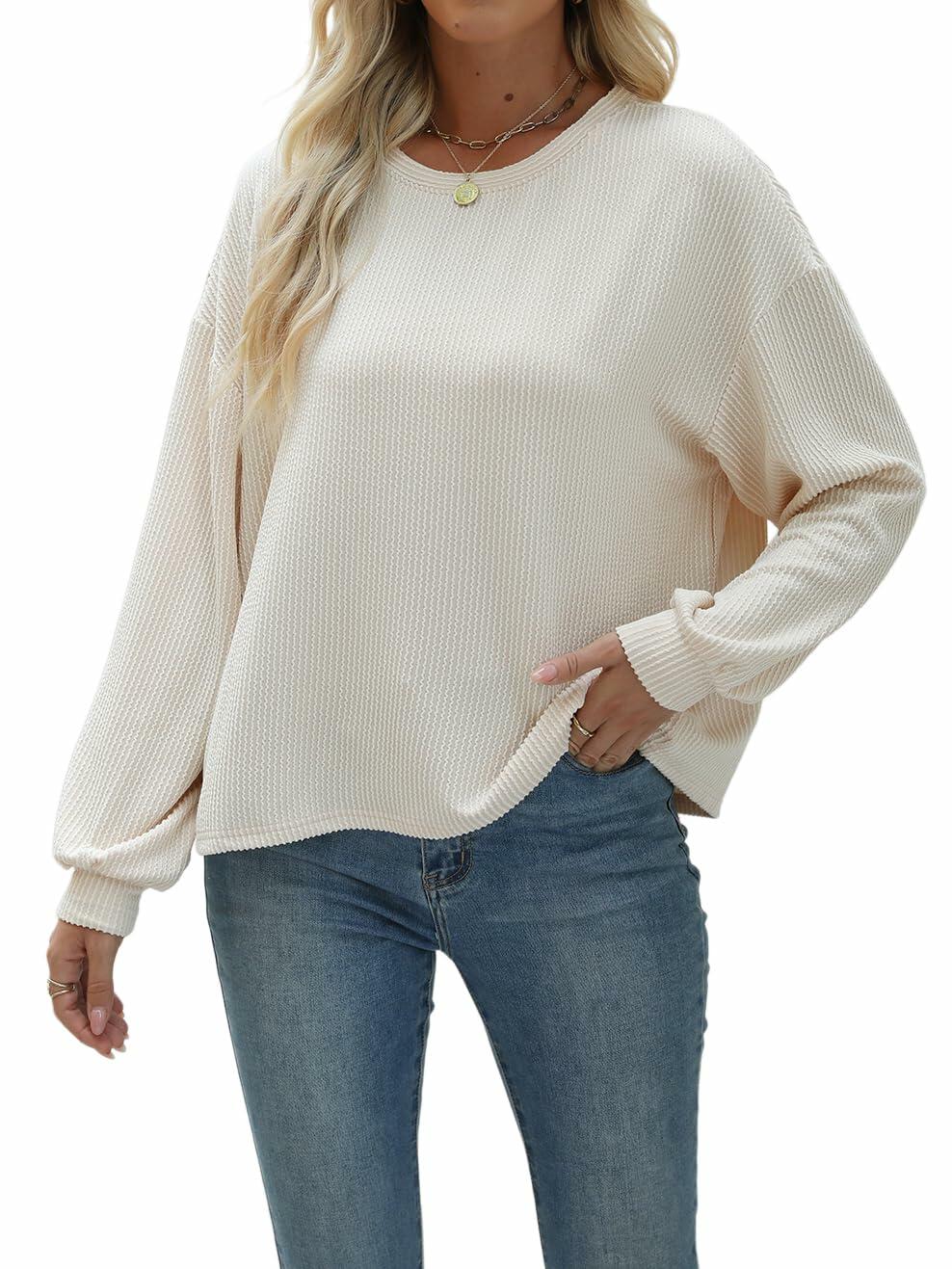 Nfsion Womens Casual Long Sleeve Crewneck Ribbed Shirt Apricot Size S