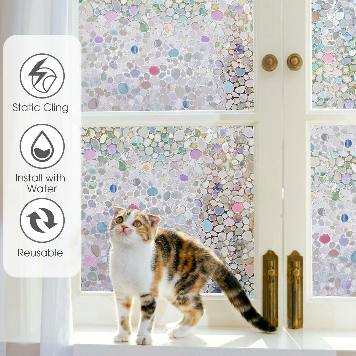 Viseeko 3D Pebble Stained Glass Privacy Film Rainbow 11.8x118in UV Protection