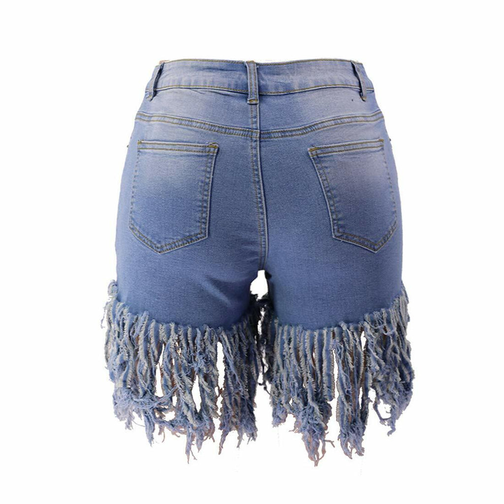 Weigou Women Denim Shorts High Waisted Tassels Frayed Raw Hem Light Blue Size S